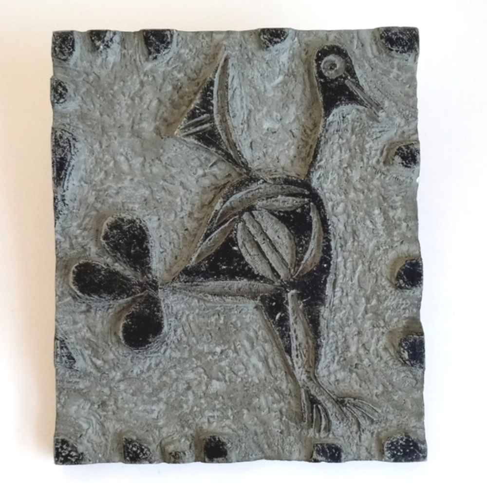 Beautiful Vintage Carved Bird Tile Wall Art "Steel Blue Grey" Art Deco Blue Grey
